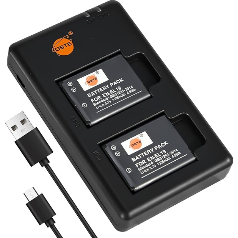 DSTE 2PCS Nikon EN-EL19 (1300mAh/3.7V) baterijos įkroviklio rinkinys, skirtas Nikon Coolpix S100,S2500,S2600,S2700,S2750,S3100,S3200,S3400,S3500,S4100,S4150,S4200,S4300,S4400,S5200,S6400,S6500,S6600 skaitmeniniam fotoaparatui
