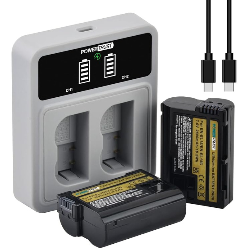 EN-EL15C 2600 mAh baterija su 20 W greituoju dvigubu USB-C įkrovikliu, skirta Nikon EN-EL15, Z5, Z6, Z6 ii, Z6 ii, Z7, Z7ii, Z8, ZF, D600, D610, D800, D810, D850