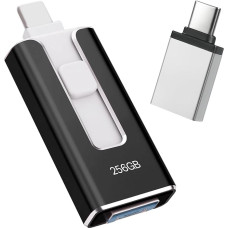 USB atmintinė iPhone 256GB, [MFi Certified] 4-in-1 USB atmintinė Lightning Stick iPhone, suderinama su iOS/Android/PC, USB 3.0 【Be programėlės】, skirta atsarginėms nuotraukų ir vaizdo įrašų kopijoms kurti, juoda