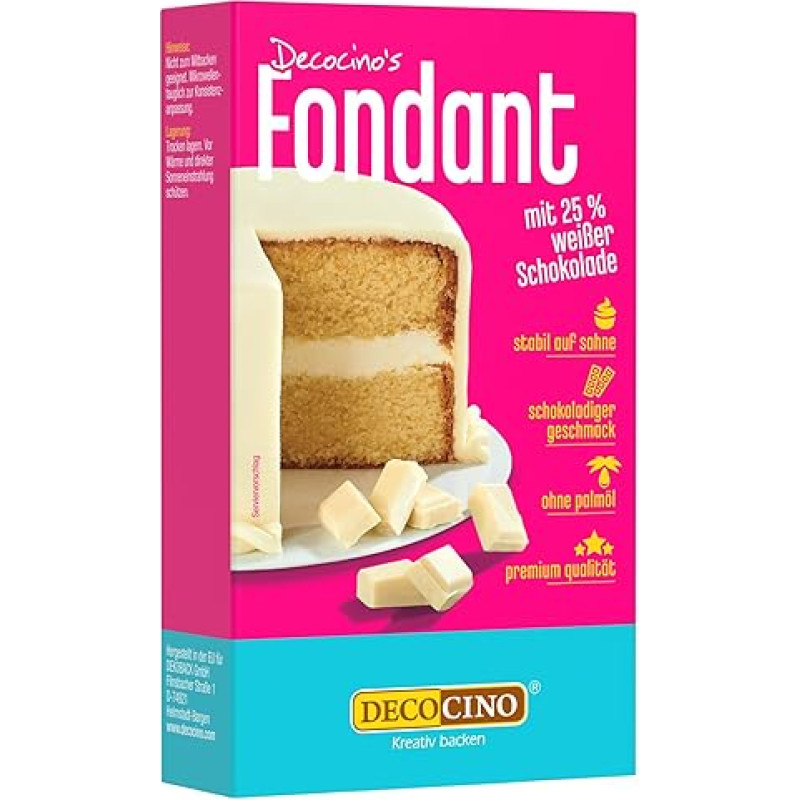 DECOCINO Šokoladinis fondantas, su 25 % baltojo šokolado, be palmių aliejaus, atsparus plyšimui ir stabilus ant grietinėlės, idealus kepimo dekoras tortams puošti