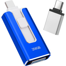 USB atmintinė iPhone 256GB, [MFi Certified] 4-in-1 USB atmintinė Lightning Stick iPhone, suderinama su iOS/Android/PC, USB 3.0 【Be programėlės】, skirta atsarginėms nuotraukų ir vaizdo įrašų kopijoms kurti, mėlyna