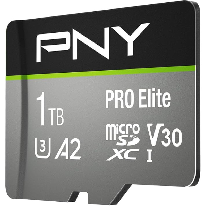 PNY PRO Elite microSDXC atminties kortelė 512 GB + SD adapteris, iki 100 MB/s skaitymo greitis, iki 90 MB/s įrašymo greitis, 10 UHS-I klasė, U3, A2 programėlių našumas, V30 4K vaizdo įrašams