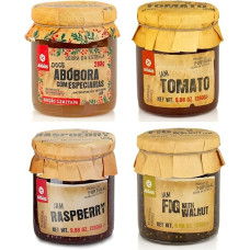 Selection of Jams Set of 4 Jars 280g Exclusive Flavours: Pumpkin with Spices, Tomato, Raspberry, Fig with Walnut, No Artificial Ingredients