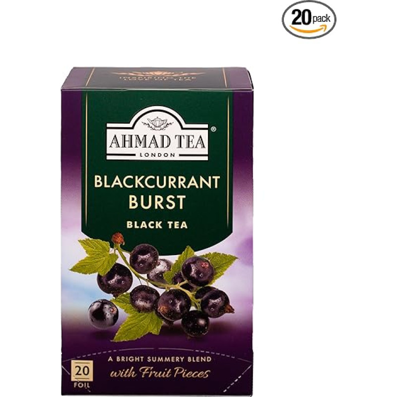 Ahmad Tea - Blackcurrant Burst - juodoji arbata su juodaisiais serbentais - su vaisių gabalėliais - atskirai suvynioti, aromatingai uždaryti arbatos maišeliai su 2 g arbatos vienoje porcijoje - 20 arbatos maišelių su juostele