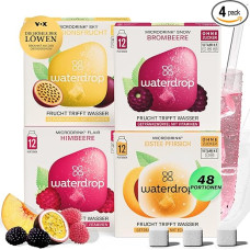 Waterdrop® mikrogėrimų rinkinys, 48 Waterdrop® lašelių kubeliai, 4 vaisių rūšys, gėrimų milteliai be cukraus, vandens skonis, mažai kalorijų ir vertingų vitaminų, šnypščiančios tabletės, vandens priedas