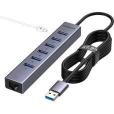 8 portų USB 3.0 šakotuvas, USB tinklo šakotuvas su 6 3.0 prievadais, Gigabit Ethernet prievadu ir 5V/3A maitinimo jungtimi, aliumininis išplėtimo tinklo adapteris nešiojamiesiems kompiuteriams, IMAC, kompiuteriams, USB atmintinėms ir t. t. (tamsiai pilka)