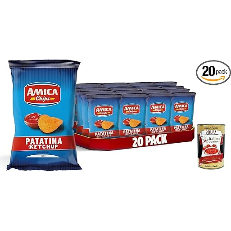 AMICA traškučiai | La Patatina Gusto Ketchup, kečupo skonio traškučiai, užkandžiai be glitimo, su saulėgrąžų aliejumi, natūralaus aromato, 20 x 100 g + itališka gurmaniška Polpa 400 g
