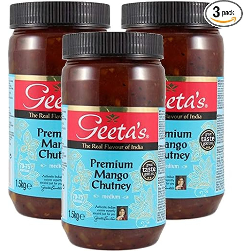 Geeta's Premium Mango Chutney Medium 1,5 kg (3 vnt.) | Tikras Indijos skonis | Pagamintas iš indiškų mangų ir kupinas aromatingų prieskonių | Be glitimo, be dirbtinių kvapiklių ir dažiklių