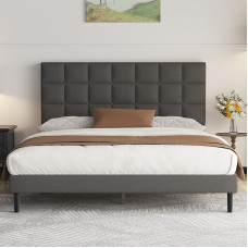 Upholstered Bed 140 x 200 cm Double Bed, Bed Frame with Headboard and Slatted Base, Height 30 cm Bed Frame, Dark Grey
