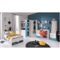 Vaikų kambario pilnas erdvių rinkinys B kampinė spinta 2 stacionarios lentynos Rašomasis stalas Sieninė lentyna Lova 200 x 90 cm