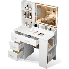 2-in-1 Dressing Table with Lighting and Side Cabinet, 4 Left Drawers, Dressing Table with LED Mirror and 3 Shelves, Girls Makeup Table for Bedroom, Large White