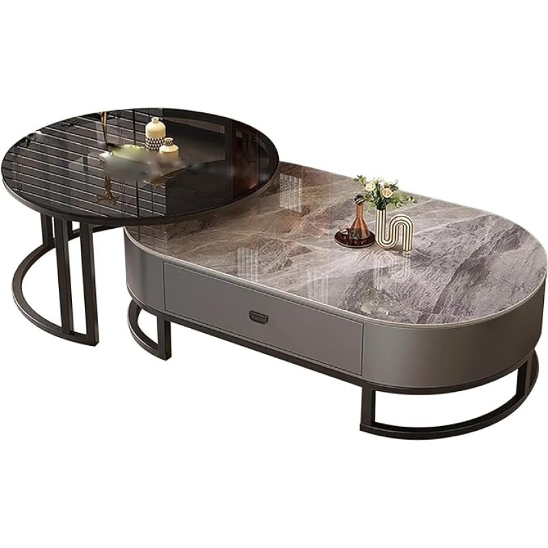 Kavos staliukas, 2 vnt., metalinis stalelis su stalčiumi ir metaliniu pagrindu, skirtas svetainei, biurui, miegamajam