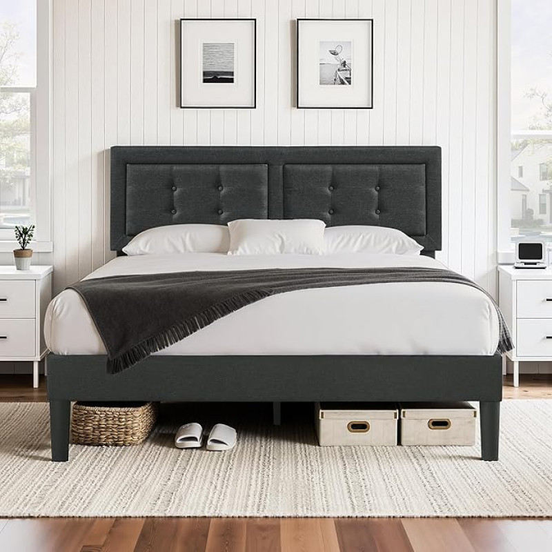 VECELO minkšta lova 140 x 200 cm, dvigulė lova su reguliuojamo aukščio galvūgaliu, lovos rėmas su grotelėmis, paminkštintas lovos rėmas, jaunimo lova miegamajame, svečių kambaryje, tamsiai pilka