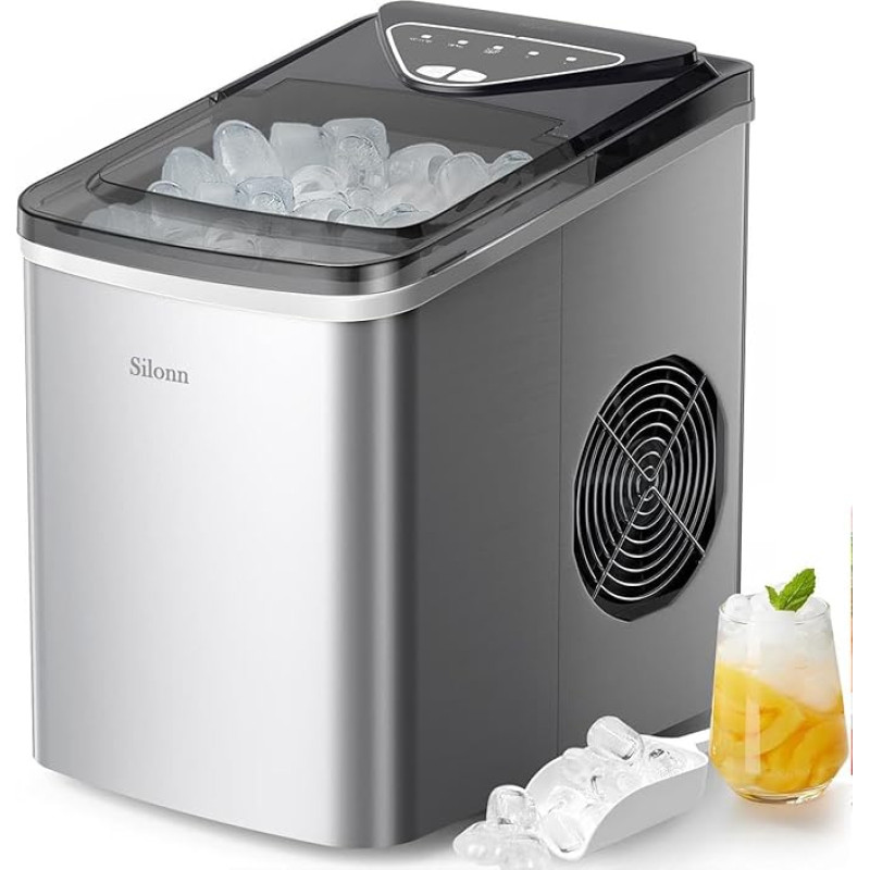 Silonn Ice Cube Machine, 9 Ice Cubes in 6 Minutes, 12 kg in 24 Hours, Ice Maker, Self-Cleaning, Compact, with Ice Basket & Scoop, 2 Sizes, Ideal for Kitchen, Party
