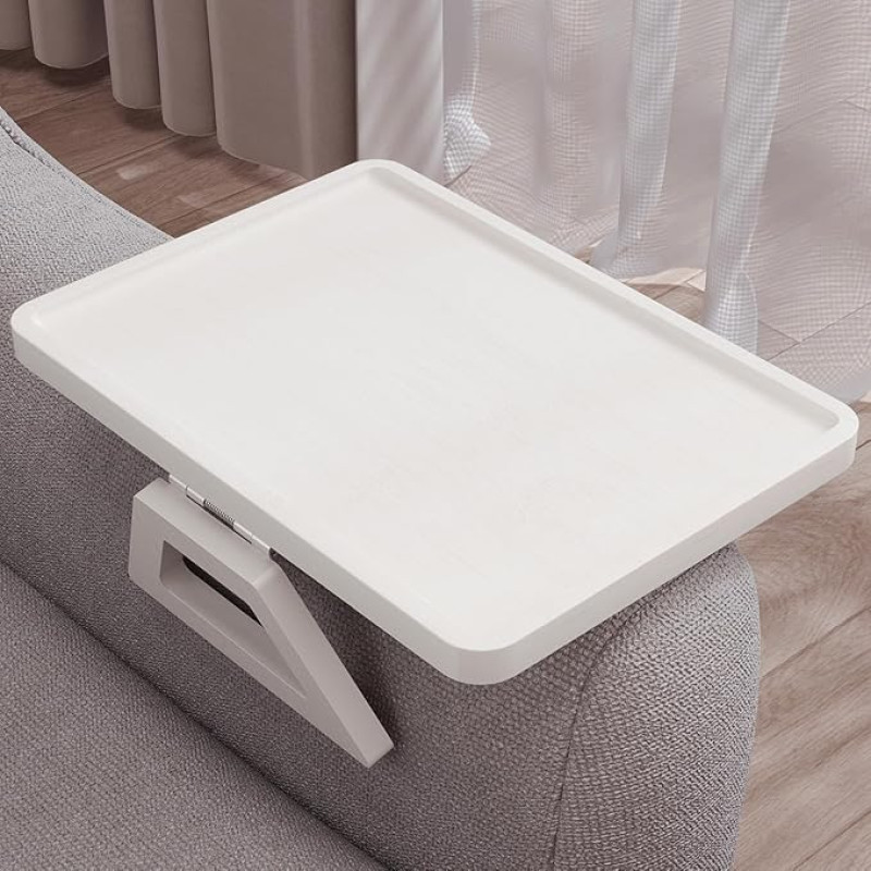 Sulankstomas bambuko sofos padėklas, reguliuojamas sofos porankio padėklas, saugus prisegamas sofos stalas gėrimams, užkandžiams, telefonui, nuotolinio valdymo pultui (baltas)