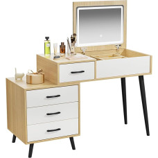 Dressing Table with Mirror and Lights 80~120cm Adjustable Width Dressing Table with Metal Legs Oak
