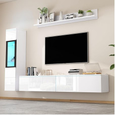 Kebnor TV Wall Unit Set 3-Piece LED Lighting High Gloss White Living Room Furniture Set Front Wall Unit White TV Cabinet + Living Room Display Cabinet + Hanging Shelf
