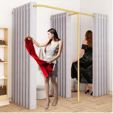Double Dressing Room for Two, F Shape Changing Rooms Divider with 3 Shade Curtains Privacy Screen Dressing Room for Boutiques, Clothing Store Corner Dressing Room (Light Grey)