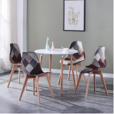 GrandCA HOME Dining Table and 4 Dining Chairs Modern Dining Set White Round Tables and Fabric Seat Pad Patchwork Kitchen Chairs Brown