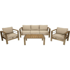 DEGAMO Cannes Lounge Set Brushed Aluminium in Stainless Steel Look + Natural Artificial Wood, Upholstery Light Grey Water-Repellent Outdoor