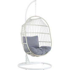 Alba Modern Hanging Chair in White Metal/Rattan/Braided Rope with Cushion Grey