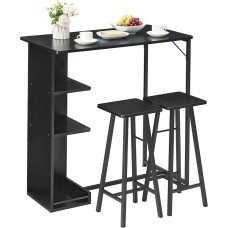 Baro stalas su baro taburečių komplektu, 3 dalių baro stalo komplektas, virtuvės valgomojo komplektas su 2 taburetėmis, 3 lentynomis, skirtas namams, virtuvei, svetainei, valgomajam (juodas)