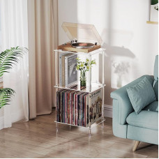 Akrilo grotuvo stendas 3 pakopų skaidrus su vinilinių plokštelių saugykla 40 cm L x 30 cm W x 78 cm H aukštas modernus šoninis staliukas / šoninis staliukas gyvenamajame kambaryje