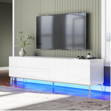 Baltos blizgios spalvos televizoriaus spintelė su LED, skirta televizoriams iki 80 colių, su stalčiais ir durelėmis, 160 x 40 x 54,5 cm, su chromuotomis kojelėmis, skirta svetainei ir miegamajam