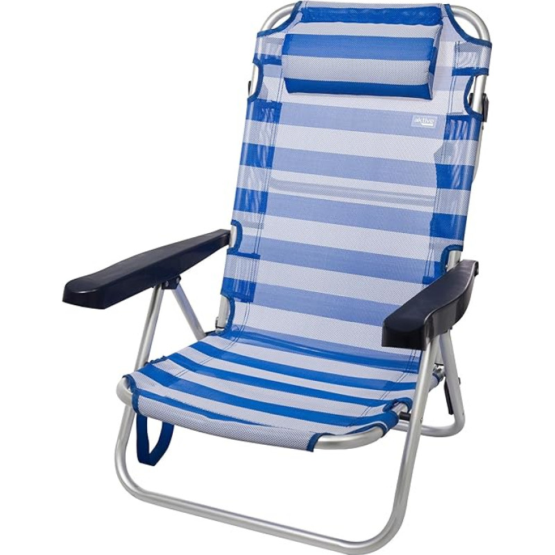 Sulankstomas paplūdimio krėslas su pagalvėle, daugiapozicinis krėslas, 5 padėtys, 48 x 46 x 84 cm, sėdynės aukštis 21 cm, didžiausia apkrova 100 kg, mėlyna ir balta spalvos, Active Beach