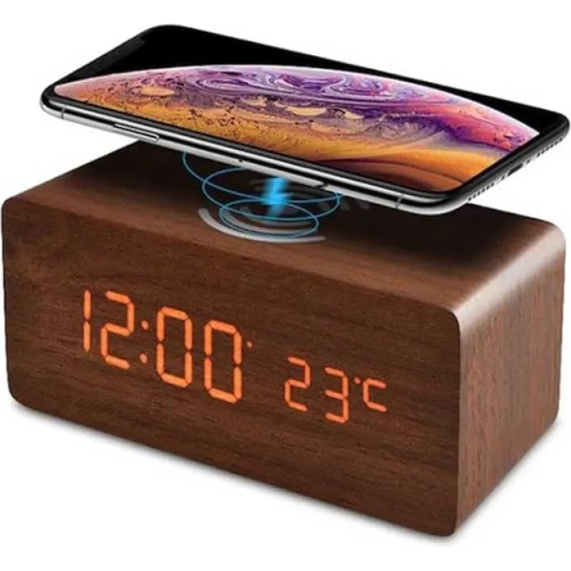 MIOBLUE Digital Alarm Clock, Wooden Electronic LED Time Display, 3 Alarm Clock Settings, 18 W Wireless Charging, Day of the Week, Temperature Detect, Electric Clocks for Bedside, Office, Bedroom,