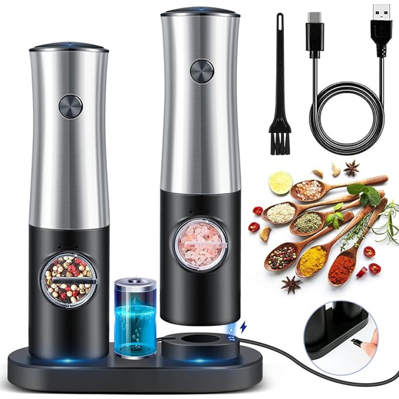 Electric Salt and Pepper Mill, Rechargeable Salt Mill, Set of 2, Spice Mill with Double Charging Station, One-Handed Operation, White LED Light and Adjustable Coarseness