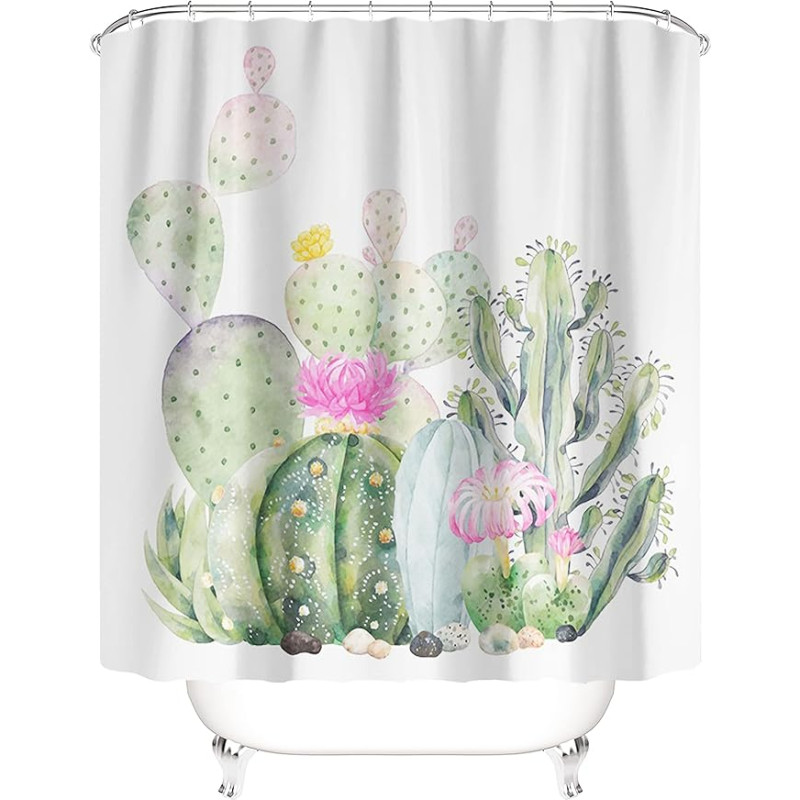 M&W DAS DESIGN Dušo užuolaida Žalias kaktusas Rožinės gėlės Tapyba Augalai Tekstilės užuolaida Atsparus pelėsiams audinys Plaunamas Meksikos atogrąžų dušo užuolaida Įskaitant 12 C-žiedų Svoris Dugnas