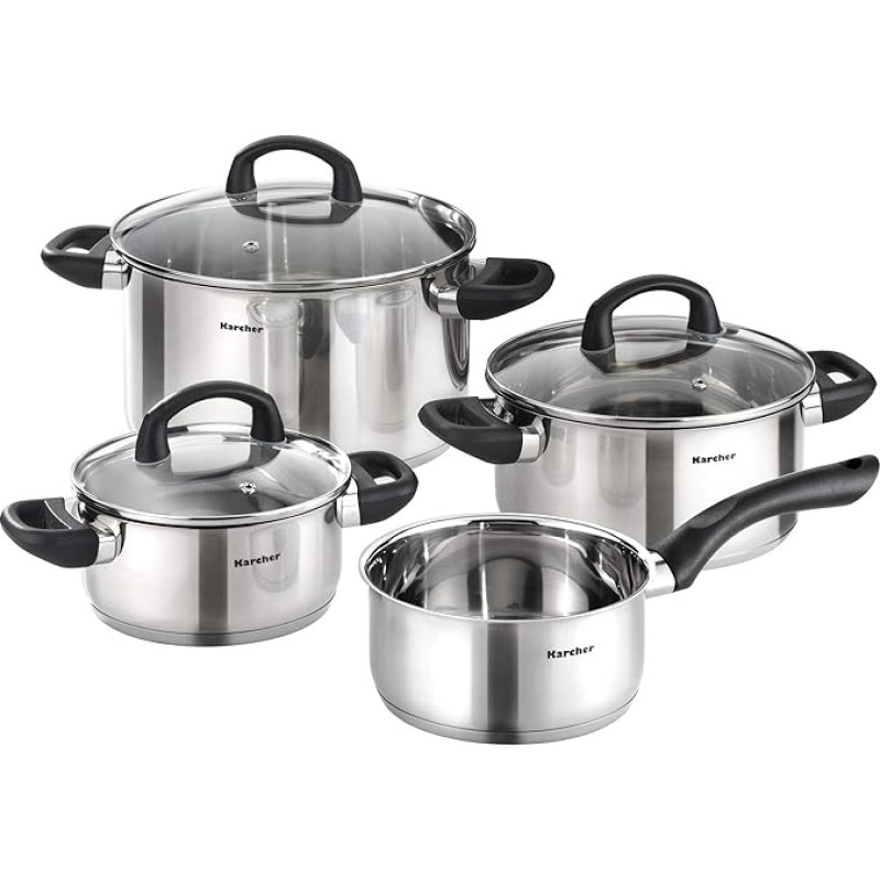 Karcher Topfset Mia aus Edelstahl, Kochgeschirr Induktion-Kochtopf-Set, Töpfe mit Glasdeckel und Stielkasserolle, 4-teilig