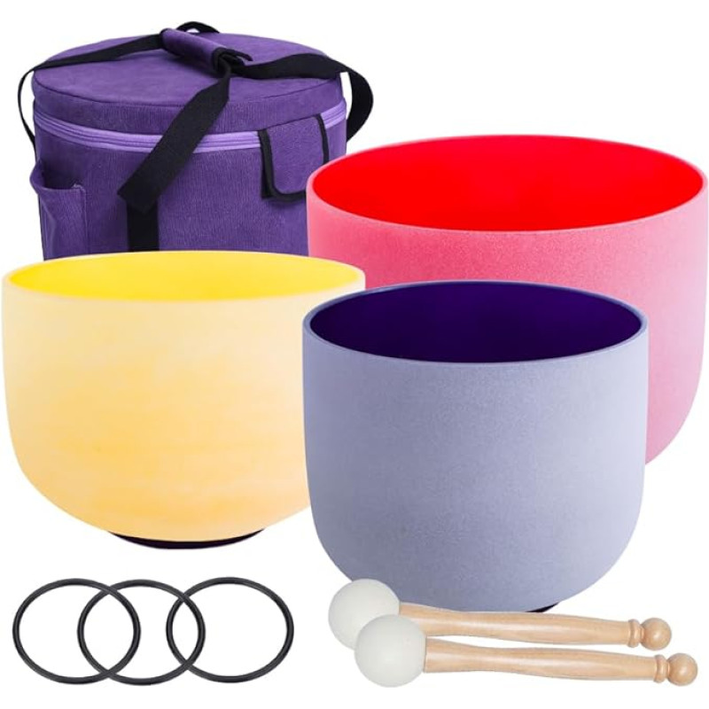 ENERGYSOUN 432 Hz Coloured Frosted 12 Inch C 10 Inch E 7 Inch Chakra Quartz Crystal Singing Bowl Set