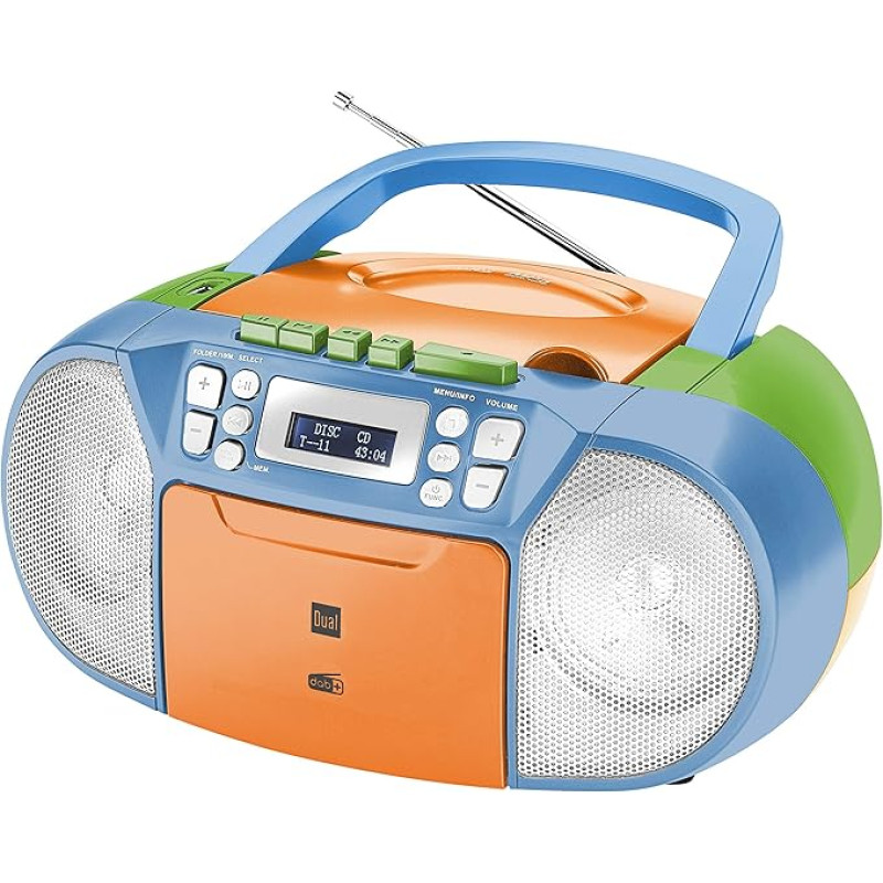 Dual DAB-P 210 Cassette Radio with CD - DAB(+)/FM Radio - Boombox - CD Player - Stereo Speaker - USB Port - Aux Input - Mains / Battery Operated - Portable - Colourful