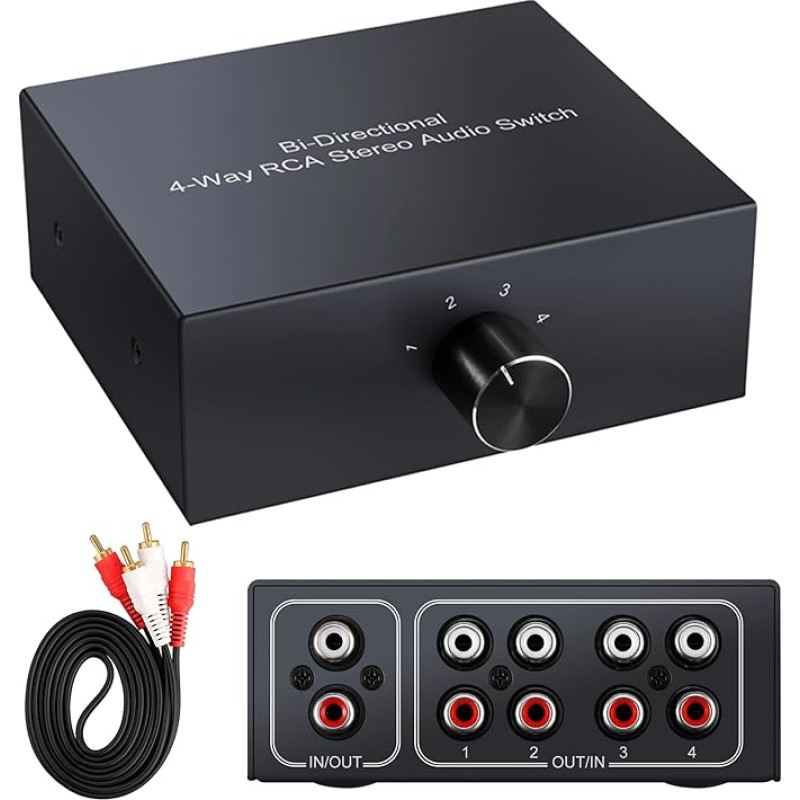XMSJSIY 4-Way Bidirectional L/R RCA Stereo Audio Switcher, 1 in 4 Out or 4 in 1 Out, L/R Sound Channel Audio Splitter Audio Selector Switch Box for DVD Stereo Speaker CD Player