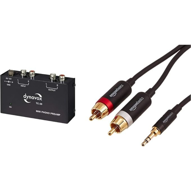 Dynavox TC-20 Phono Preamplifier, Compact Metal Housing, 10.5 x 6.5 x 3.2 cm & Amazon Basics PBH-19821 RCA Audio Cable, 3.5 mm Jack Plug to 2 x RCA Male, 1.2 m