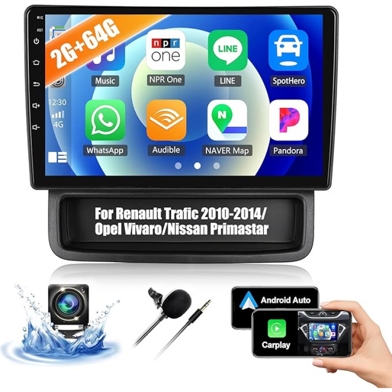 2G + 64G CAMECHO Android 13 Car Radio for Opel Vivaro A 87R/Renault Trafic II Nissan Primastar with Navi Carplay Android Car, Double DIN Car Radio with 9 Inch Screen Bluetooth RDS/FM MirrorLink & USB