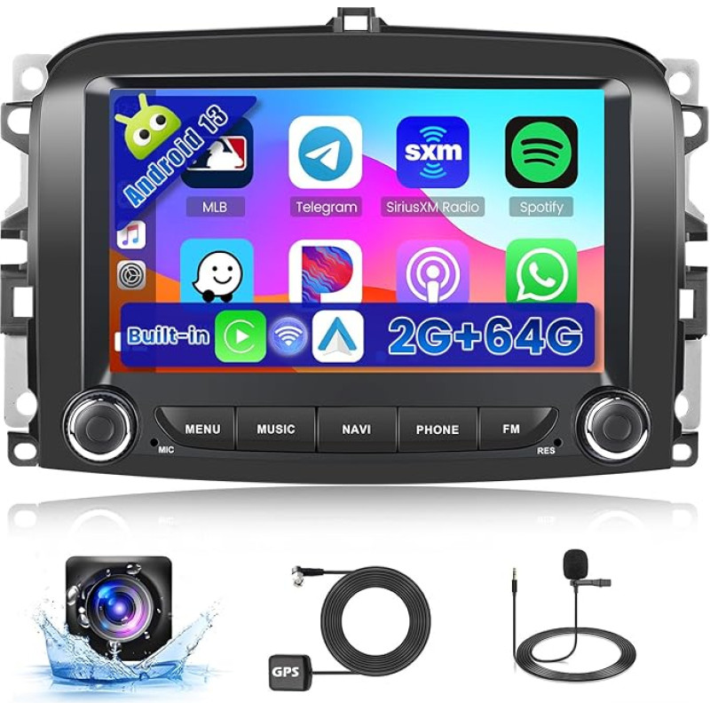 2+64GB Hikity Android 13 Car Radio for Fiat 500L 2013-2019 with Navigation Wireless Carplay Android Car, 7 Inch Touch Display Radio with Bluetooth WiFi GPS Mirror Link FM/RDS Radio SWC Mic Reversing