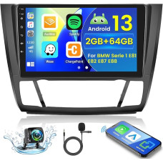 2 + 64 GB Android 13 Car Radio for BMW Series 1 E81 E82 E87 E88 Radio Wireless Carplay Android Car, 9 Inch IPS Touch Screen Radio with Reversing Camera, Bluetooth, Navi, WiFi, DSP, EQ, Mirror Link