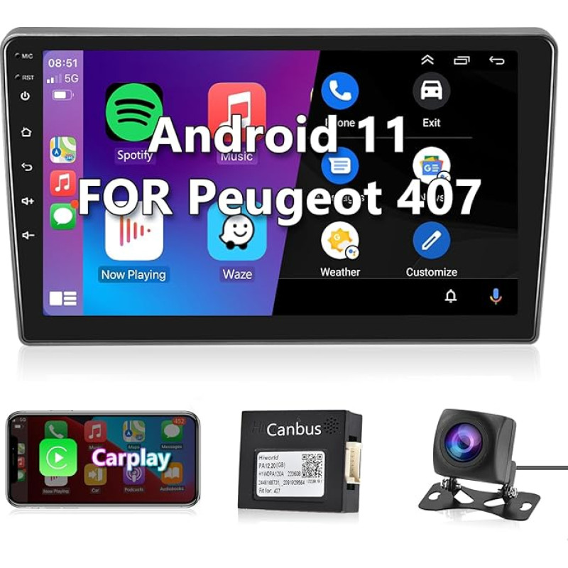 Hodozzy Carplay Android Car Radio for Peugeot 407 2004-2011 Car Radio Bluetooth 2 DIN with 9 Inch Touch Screen GPS/WiFi/FM/RDS/HiFi/USB+AHD Rear View Camera