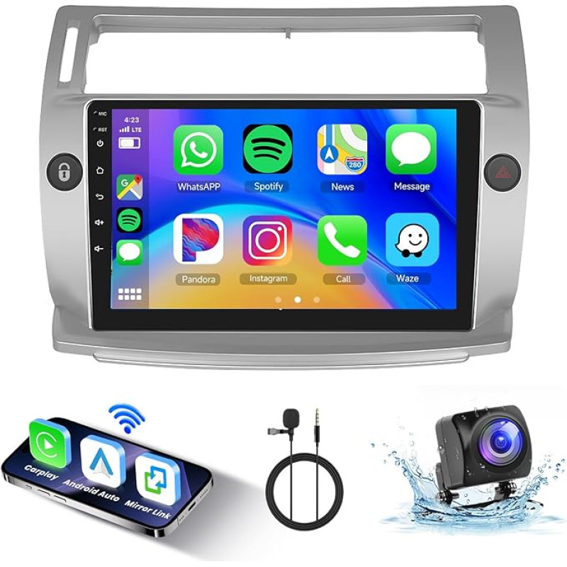 2+64G Hodozzy Carplay/Android Car Radio for Citroën C4 2004-2009/C-QUATRE 2008-2011 with Sat Nav, 9 Inch Touchscreen with Mirror Link/WiFi/GPS/RDS/FM/Bluetooth/USB + Reversing Camera