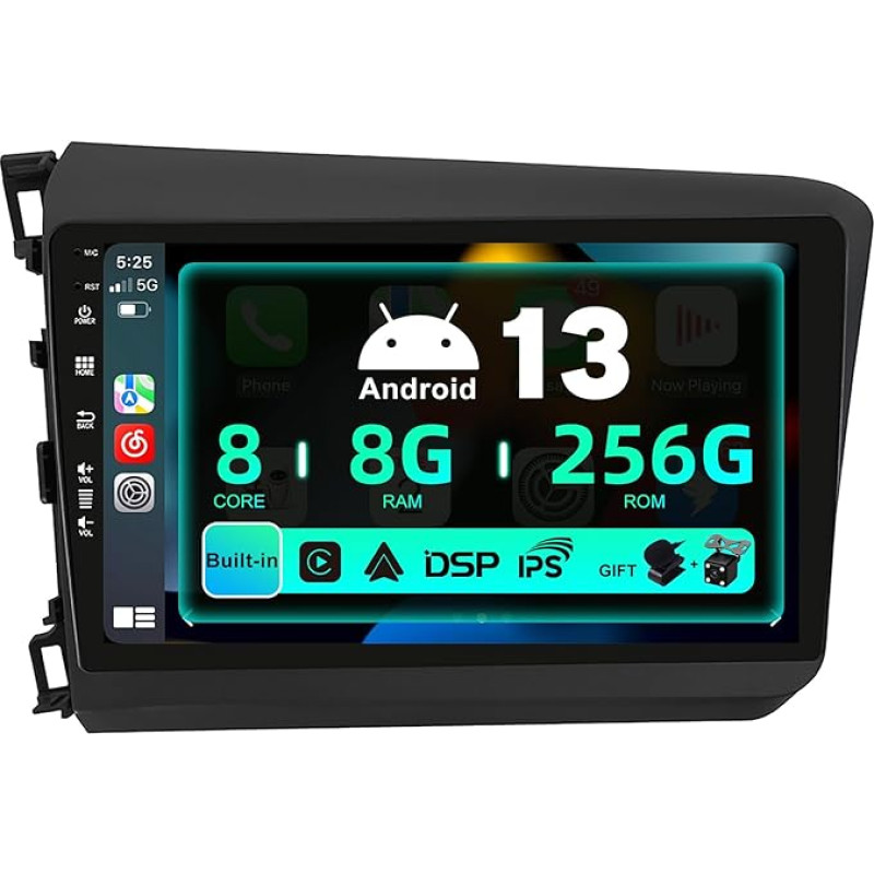 SXAUTO ¦8G+256G¦ Android 12 IPS Car Radio for Honda Civic (2012-2015) - Built-in Carplay/Android Car/DSP - LED Camera + MIC - DAB Steering Wheel Control Fast Boot 360-CAM WiFi -2 DIN 9 Inch