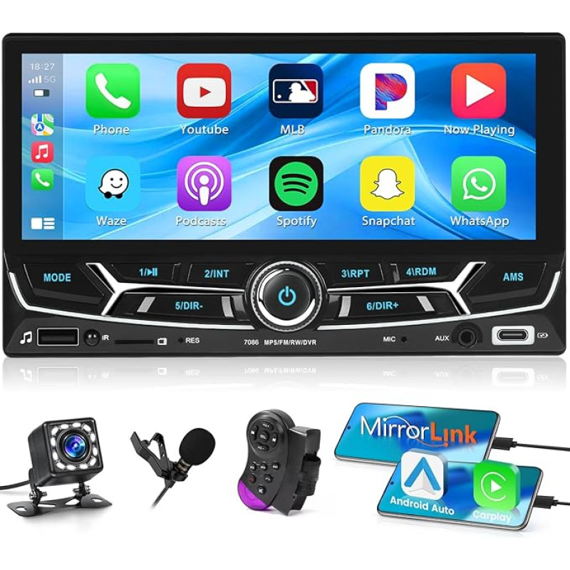 Hikity Double DIN Carplay Car Radio Bluetooth with Button/Android Car, 6.86 Inch Radio 2 DIN with Bluetooth Handsfree Kit FM AUX TF USB Type-C EQ SWC Mirror Link MIC Reversing Camera